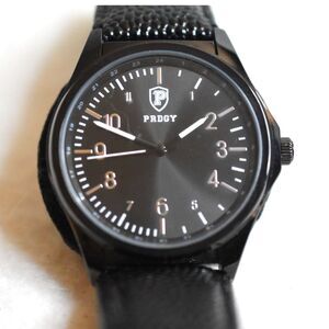 NWOT PRDGY Black Dimpled Leather Band Black Face Works Great Unisex Watch